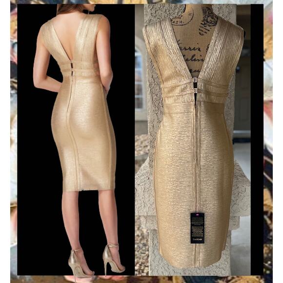 Bebe Foiled Bandage Plunge Neck Cutout Bodycon Midi Dress Size XL - Picture 5 of 11